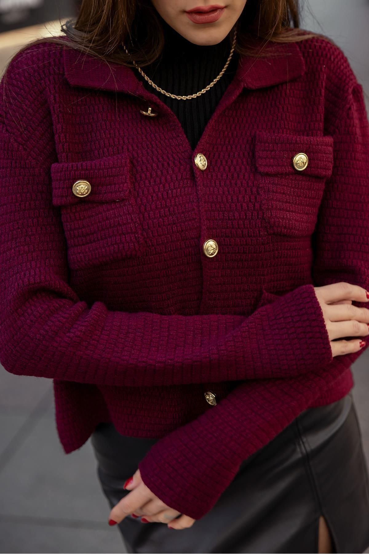 Bordo Örme Kalın Triko Gold Düğme Detaylı Hırka