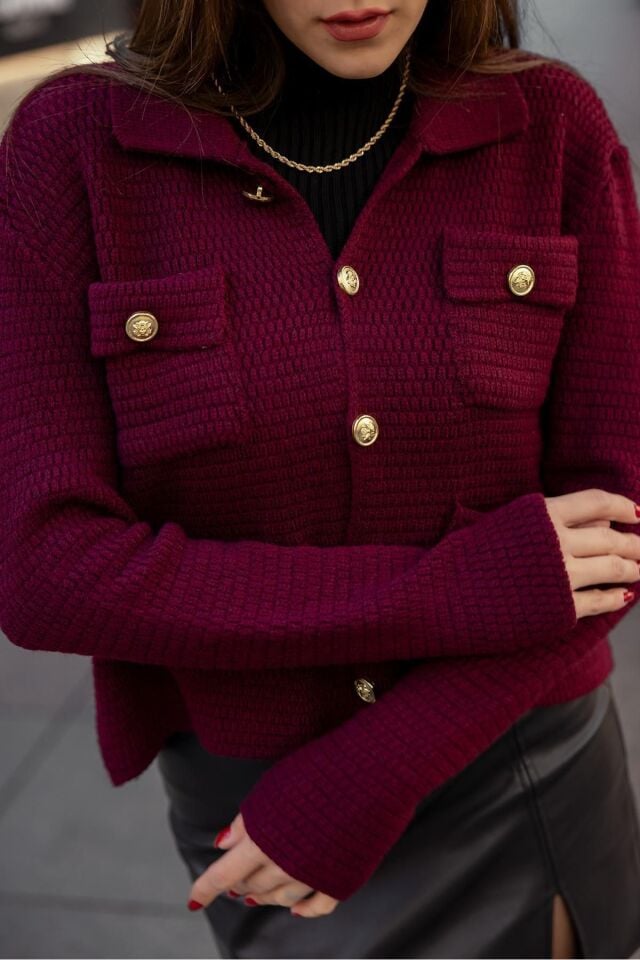Bordo Örme Kalın Triko Gold Düğme Detaylı Hırka