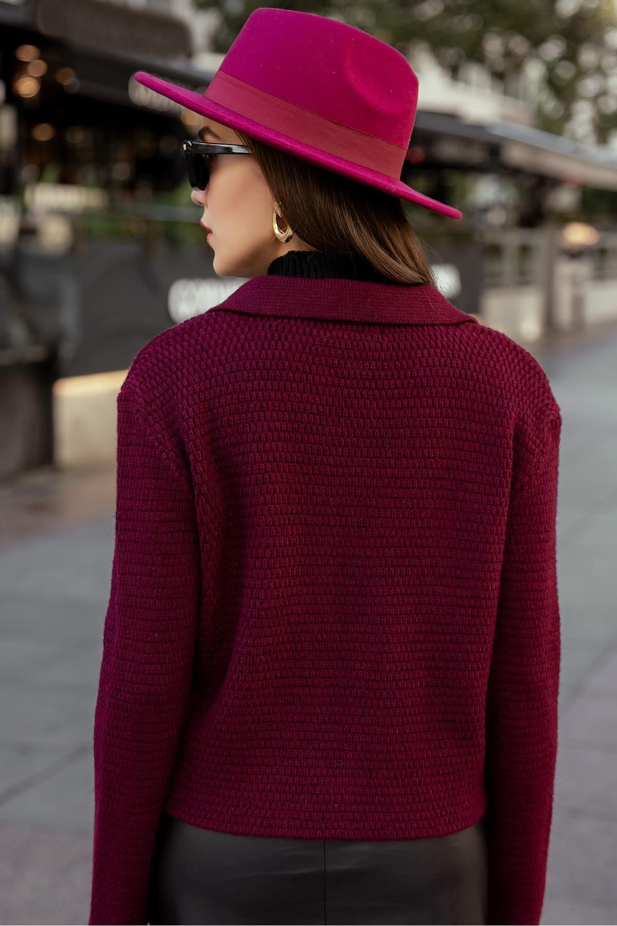 Bordo Örme Kalın Triko Gold Düğme Detaylı Hırka