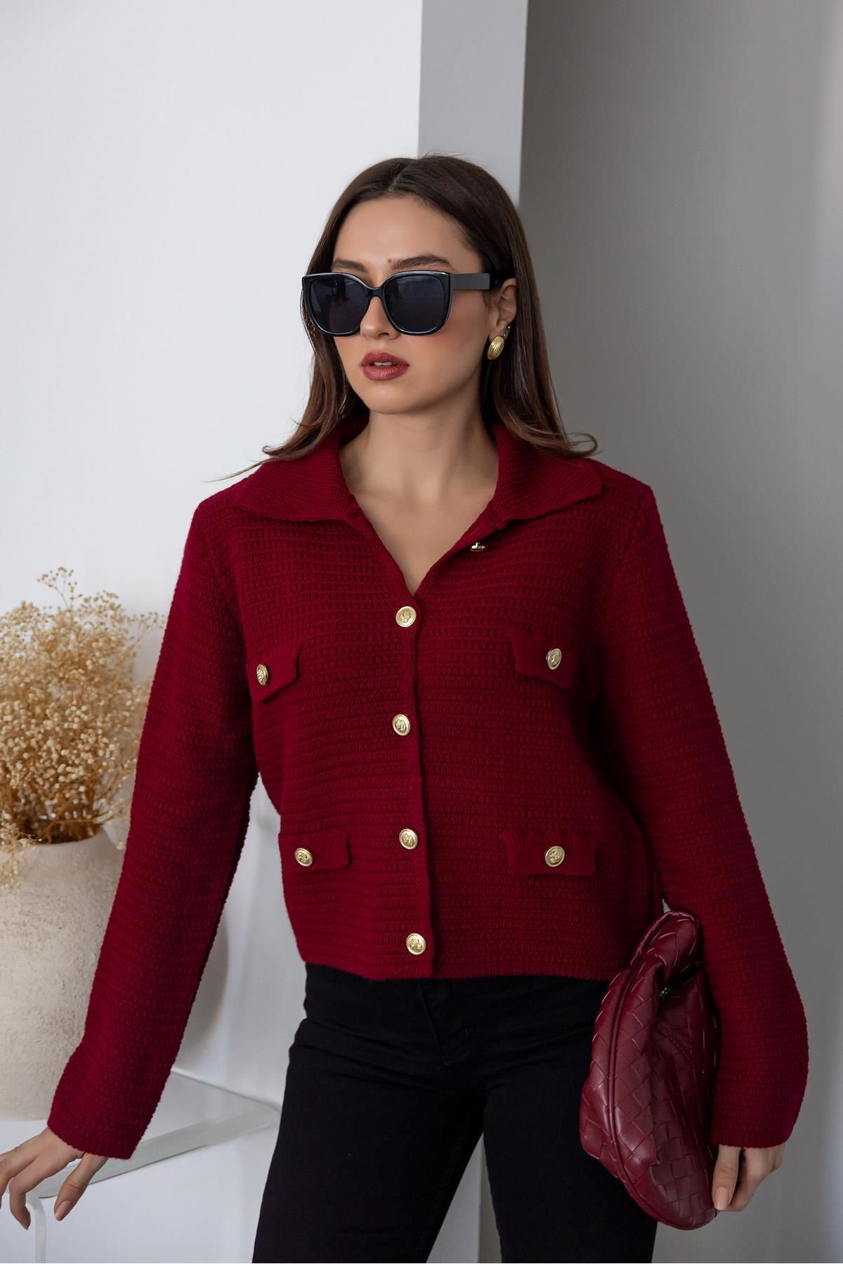 Bordo Örme Kalın Triko Gold Düğme Detaylı Hırka