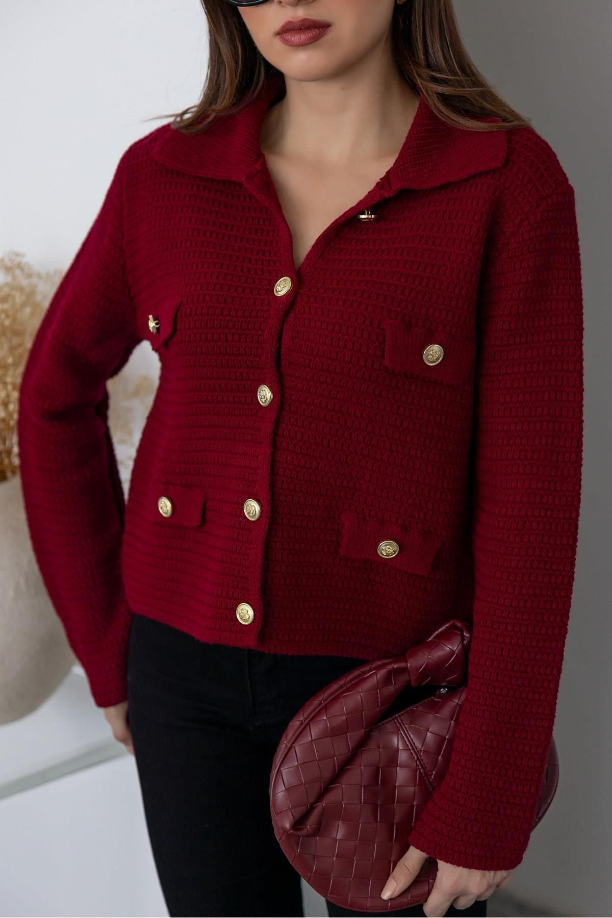 Bordo Örme Kalın Triko Gold Düğme Detaylı Hırka
