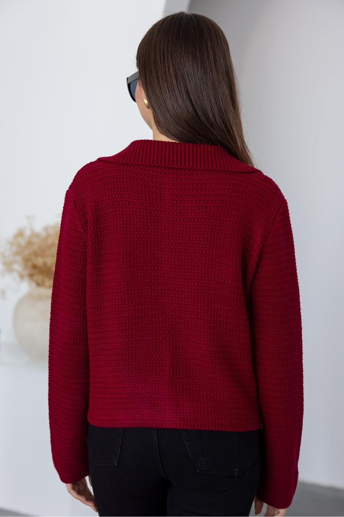 Bordo Örme Kalın Triko Gold Düğme Detaylı Hırka