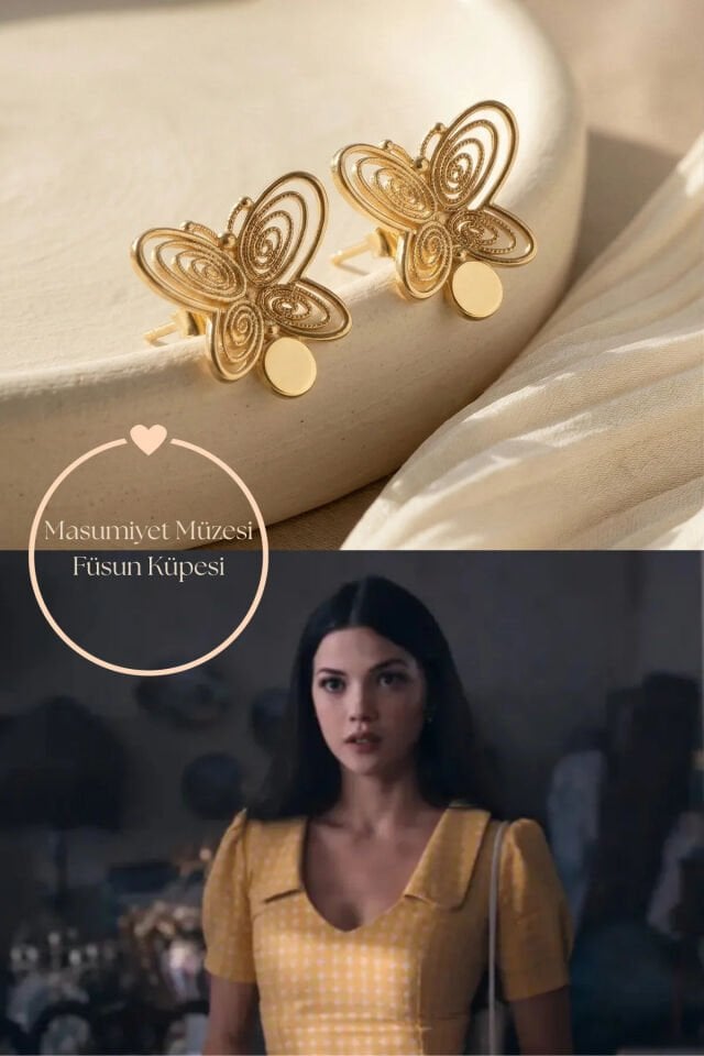 Füsün Masumiyet Müzesi Kelebek Küpe Pullu Altın Kaplama