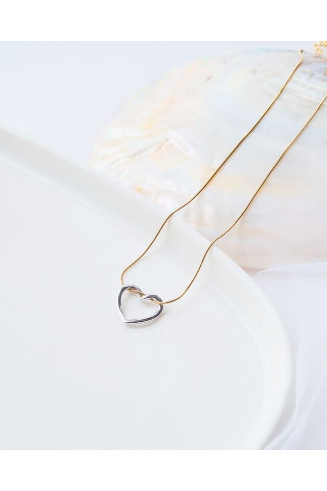 Altın Kaplama Döngü Gümüş Kalp  Detaylı Gold Çelik kolye