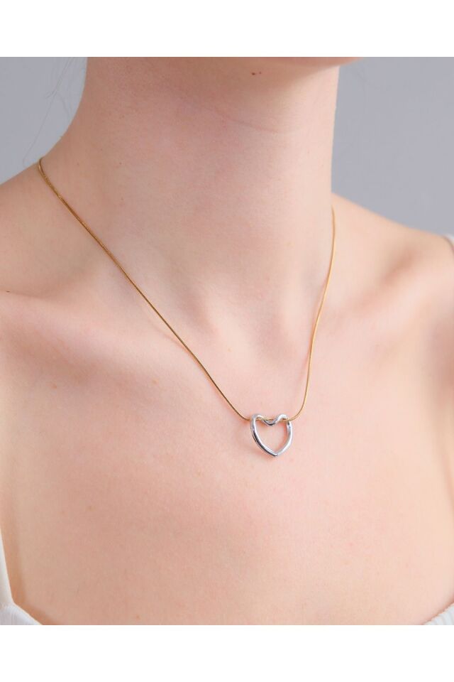 Altın Kaplama Döngü Gümüş Kalp  Detaylı Gold Çelik kolye