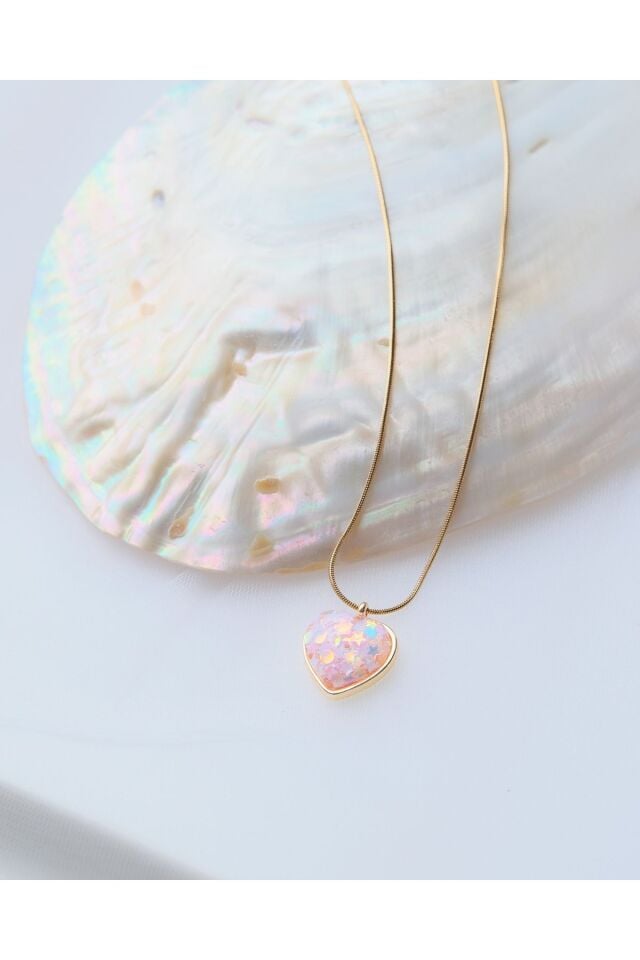 Altın Kaplama Pembe Yıldız Kalp Detaylı Çelik kolye