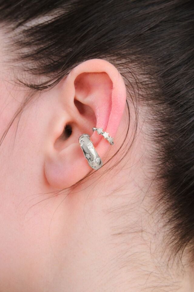 Gümüş Renk 2’li Yıldız Zirkon Taşlı Earcuff Seti
