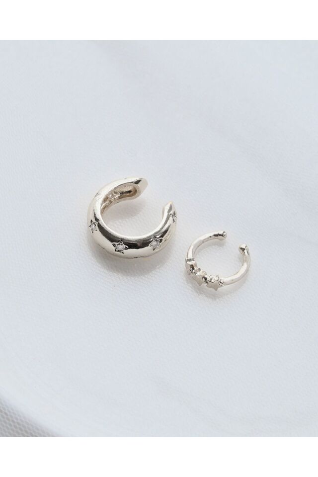 Gümüş Renk 2’li Yıldız Zirkon Taşlı Earcuff Seti
