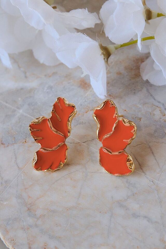 Turuncu Mineli Yaprak Küpe