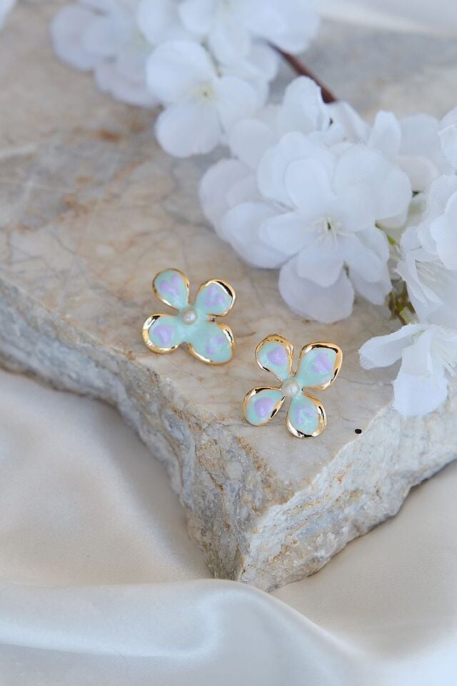 Altın Kaplama İncili Mavi Mineli Çiçek Küpe