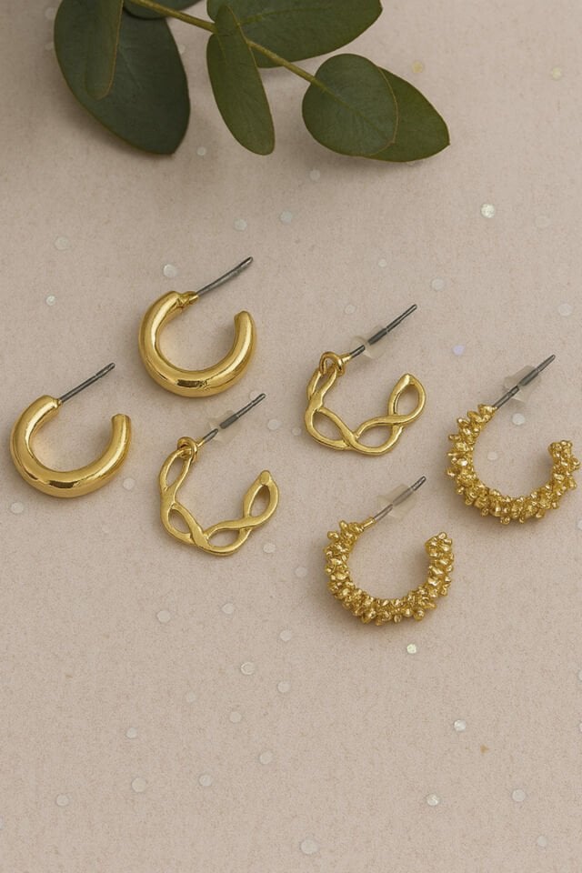 Gold 6'lı Düz Zincir Yıldız Tozu Küpe Seti