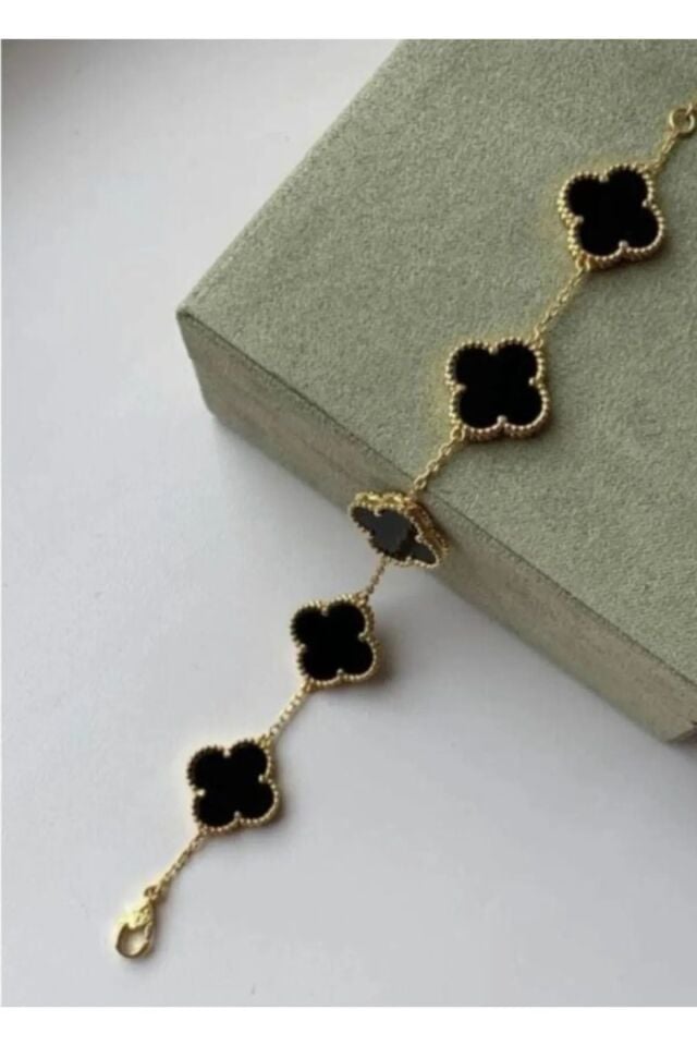 Gold Siyah Doğal Taşlı Van Cleef Premium Çelik Bileklik