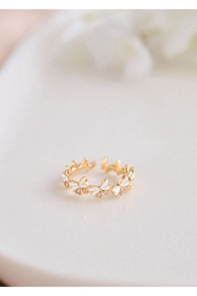 Zirkon Taşlı Beyaz Kelebek Çelik Yüzük