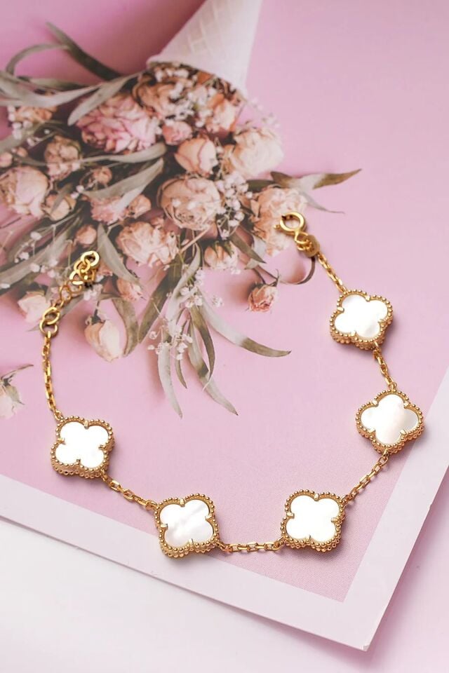 Gold Sedef Doğal Taşlı Van Cleef Premium Çelik Bileklik