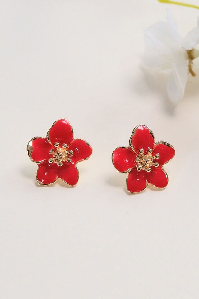 Altın Kaplama Kırmızı Sakura Çiçeği Küpe