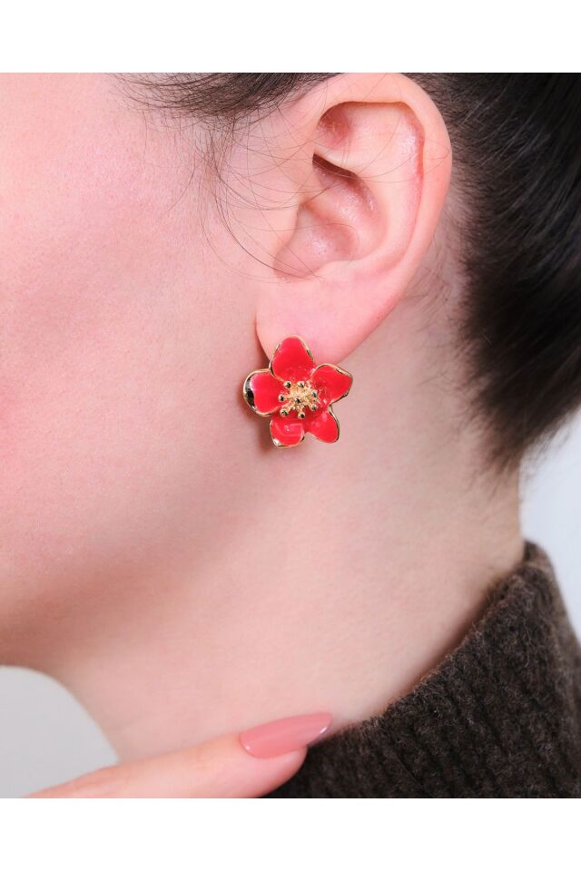 Altın Kaplama Kırmızı Sakura Çiçeği Küpe