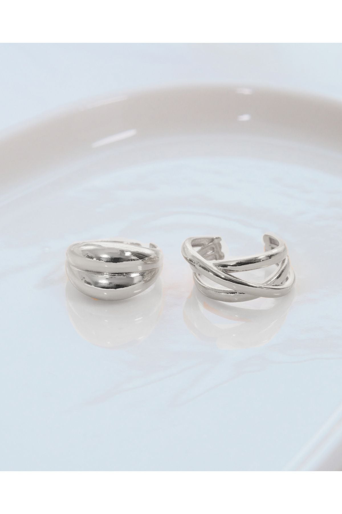2'li Silver Renk Çapraz Sarmal Ve Çift Bombeli Ayarlanabilir Yüzük Seti