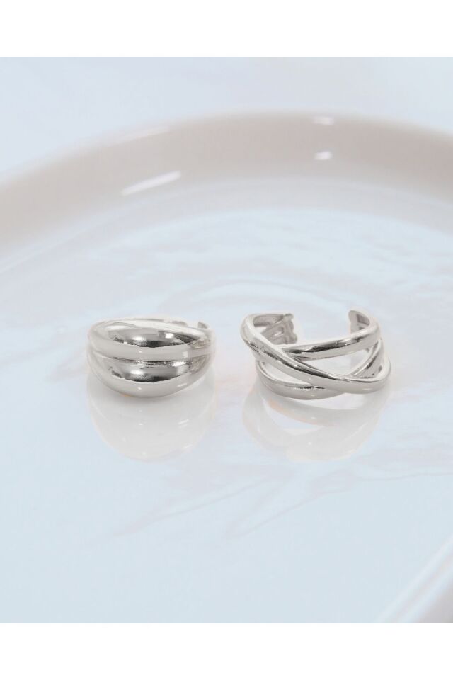 2'li Silver Renk Çapraz Sarmal Ve Çift Bombeli Ayarlanabilir Yüzük Seti