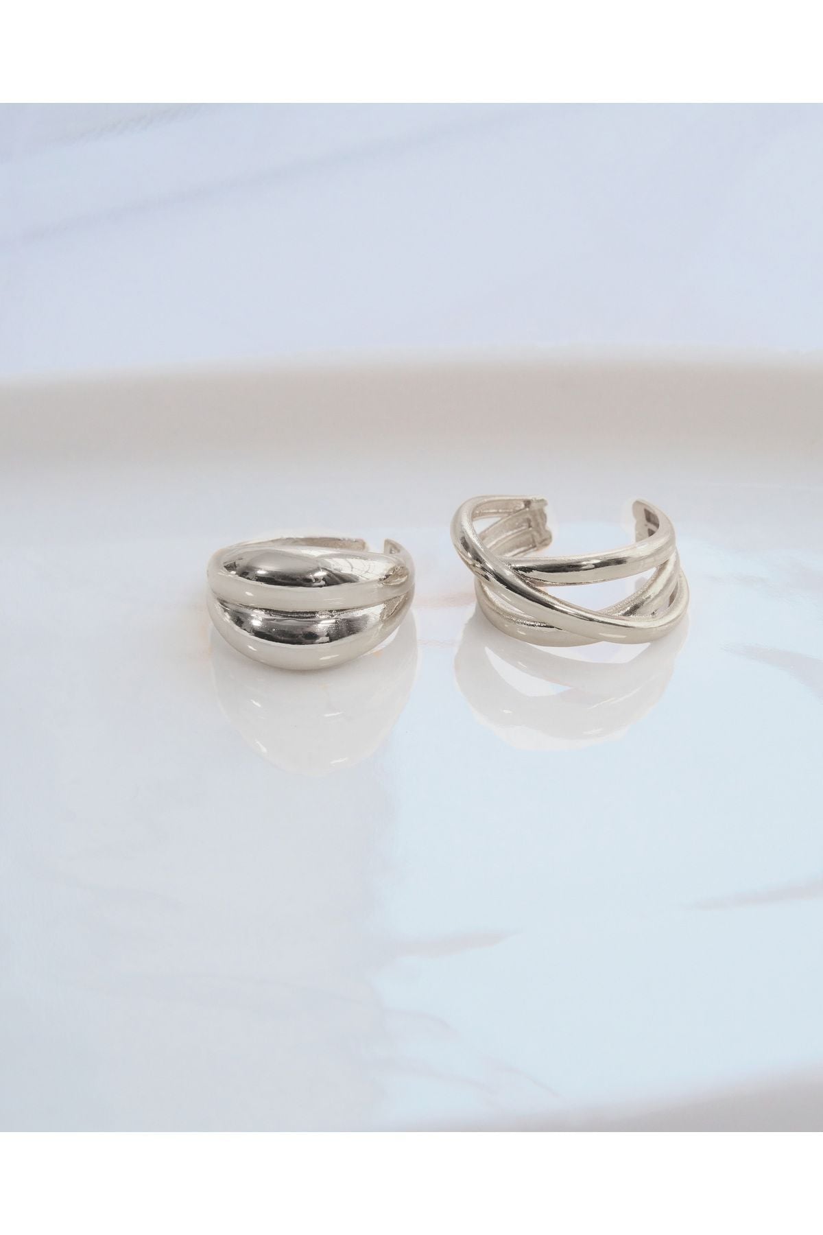 2'li Silver Renk Çapraz Sarmal Ve Çift Bombeli Ayarlanabilir Yüzük Seti