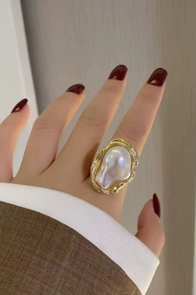 Gold İncili Tasarım Büyük Ayarlanabilir Yüzük