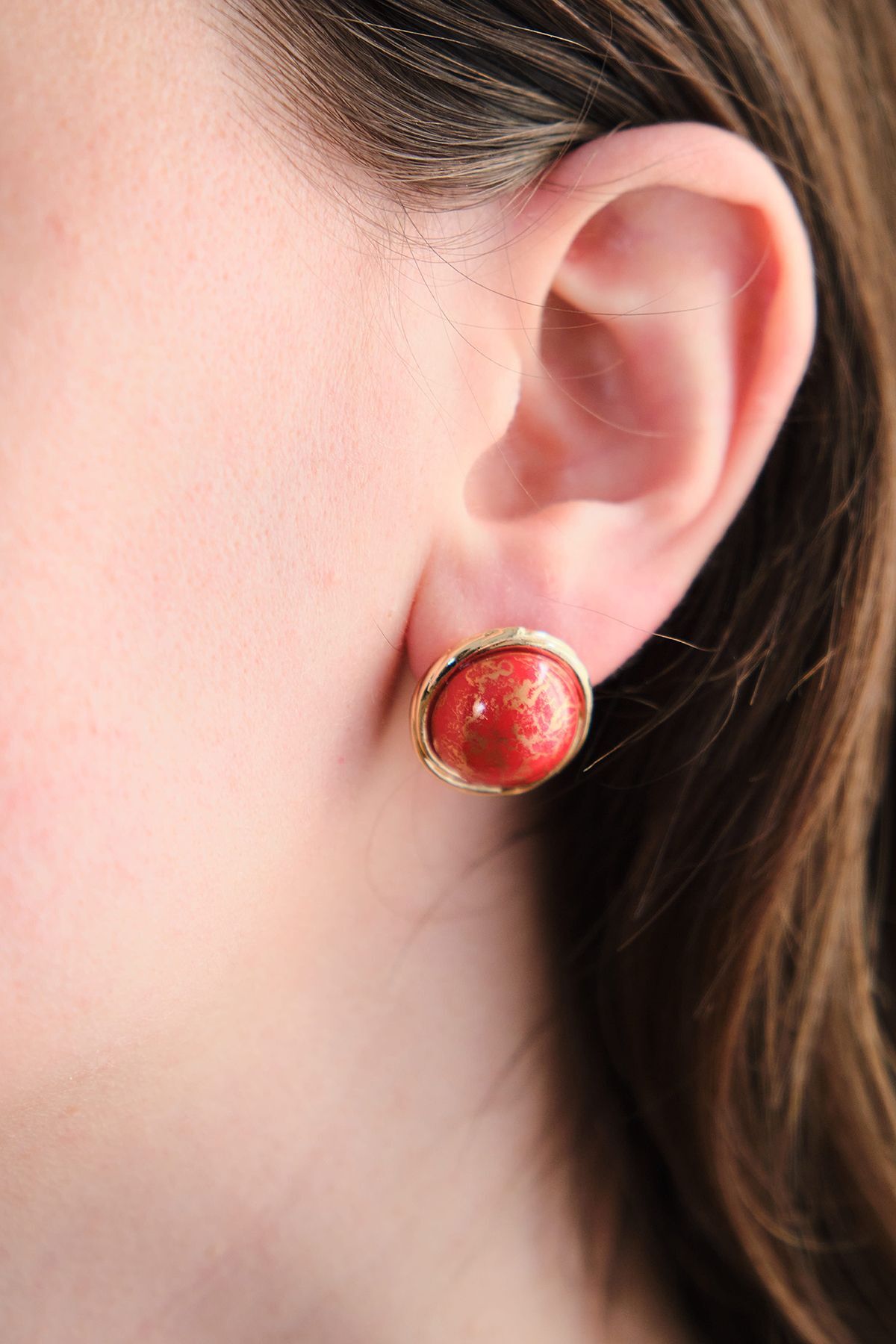 Vintage Kırmızı Taşlı Yuvarlak Küpe