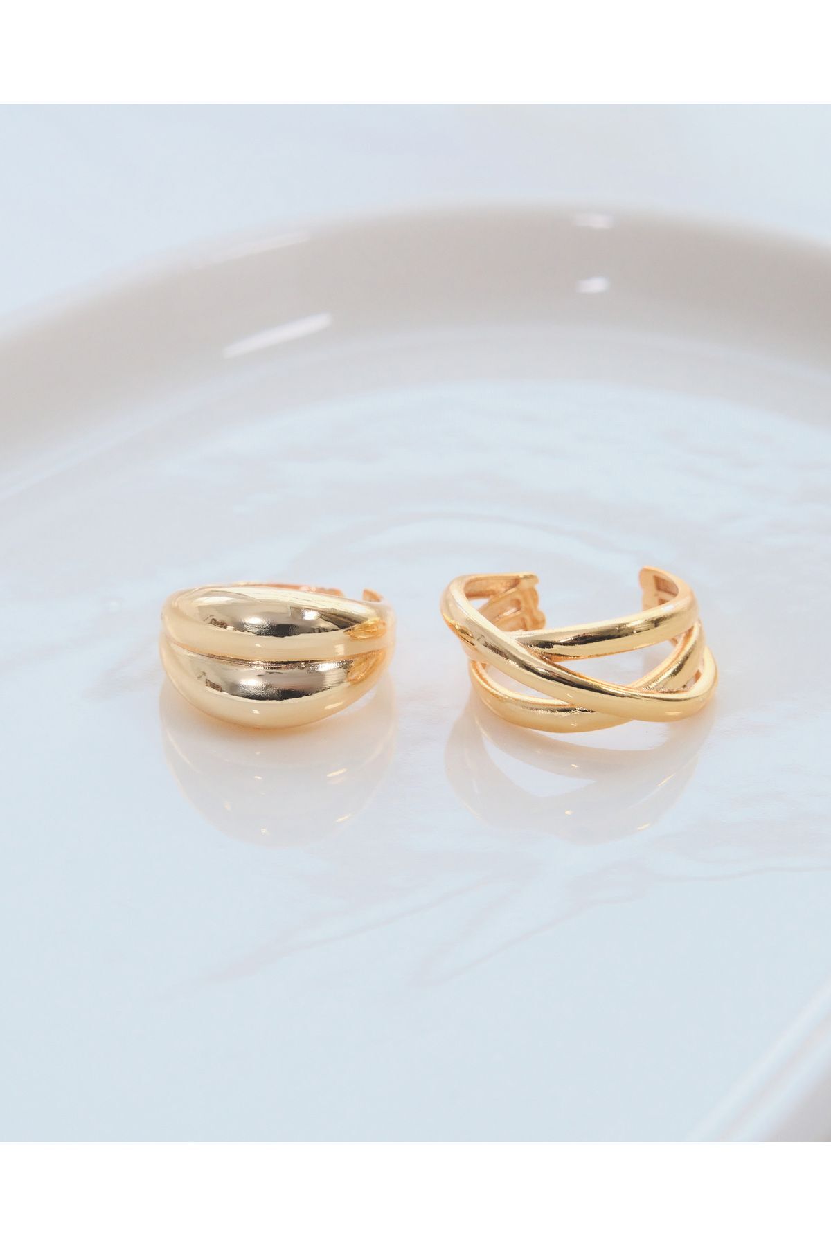 2'li Gold Renk Çapraz Sarmal Ve Çift Bombeli Ayarlanabilir Yüzük Seti