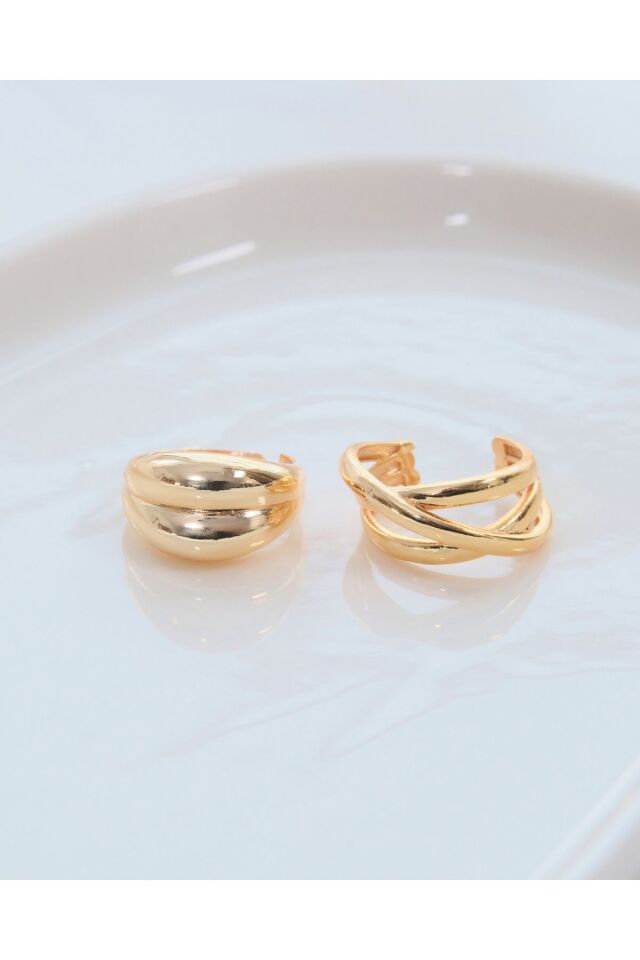 2'li Gold Renk Çapraz Sarmal Ve Çift Bombeli Ayarlanabilir Yüzük Seti