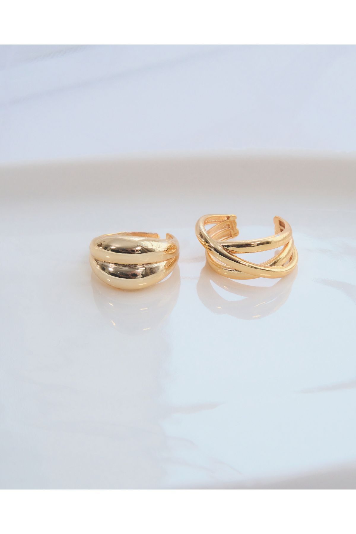 2'li Gold Renk Çapraz Sarmal Ve Çift Bombeli Ayarlanabilir Yüzük Seti