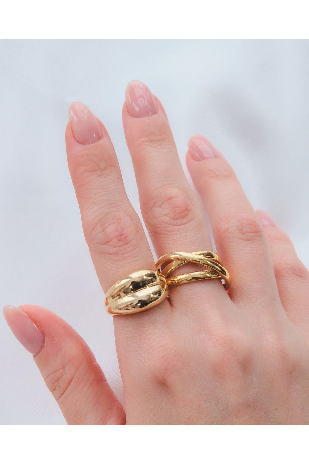 2'li Gold Renk Çapraz Sarmal Ve Çift Bombeli Ayarlanabilir Yüzük Seti