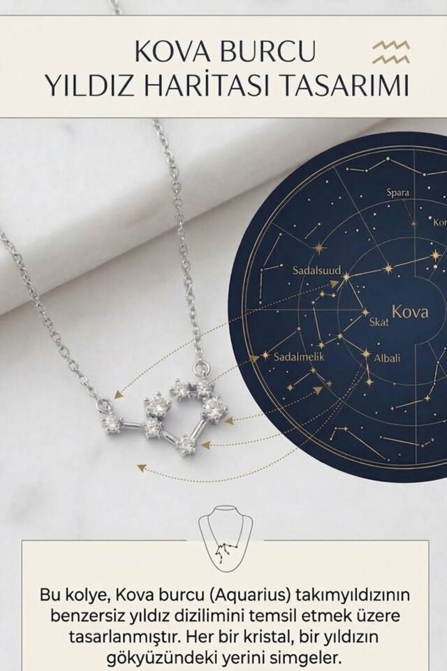 Gümüş Kaplama Yıldız Haritası Kova Burcu Aquarius Çelik Kolye