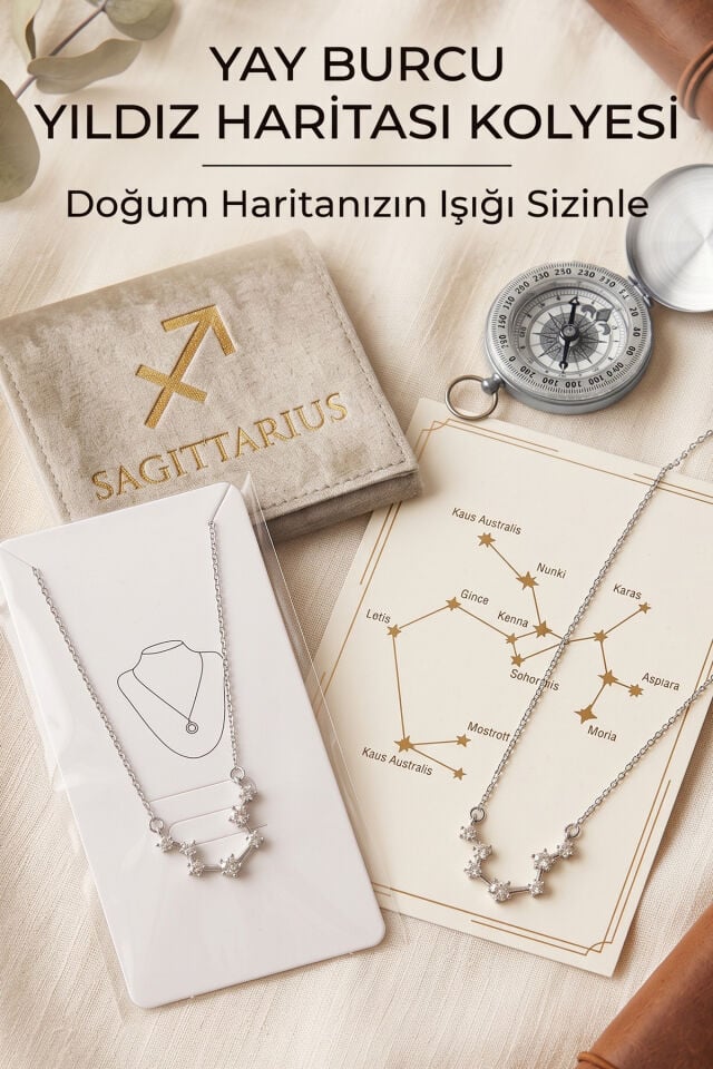 Gümüş Kaplama Yıldız Haritası Yay Burcu Sagittarius Çelik Kolye