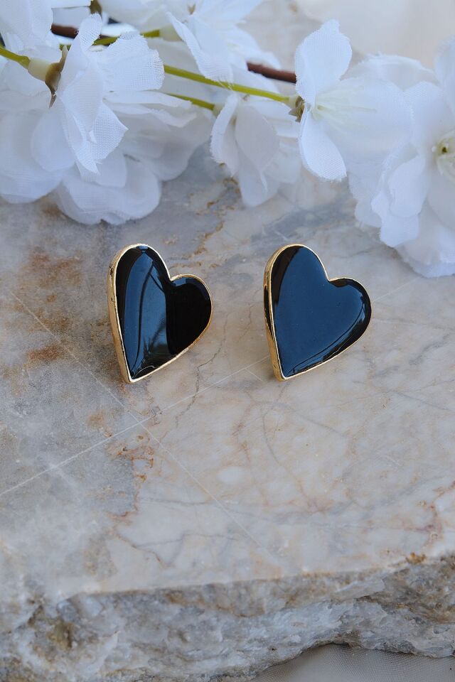 Altın Kaplama Siyah Mineli Kalp Küpe