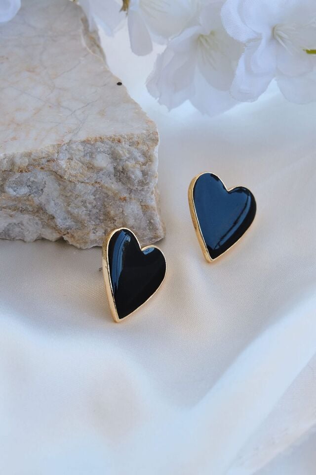 Altın Kaplama Siyah Mineli Kalp Küpe