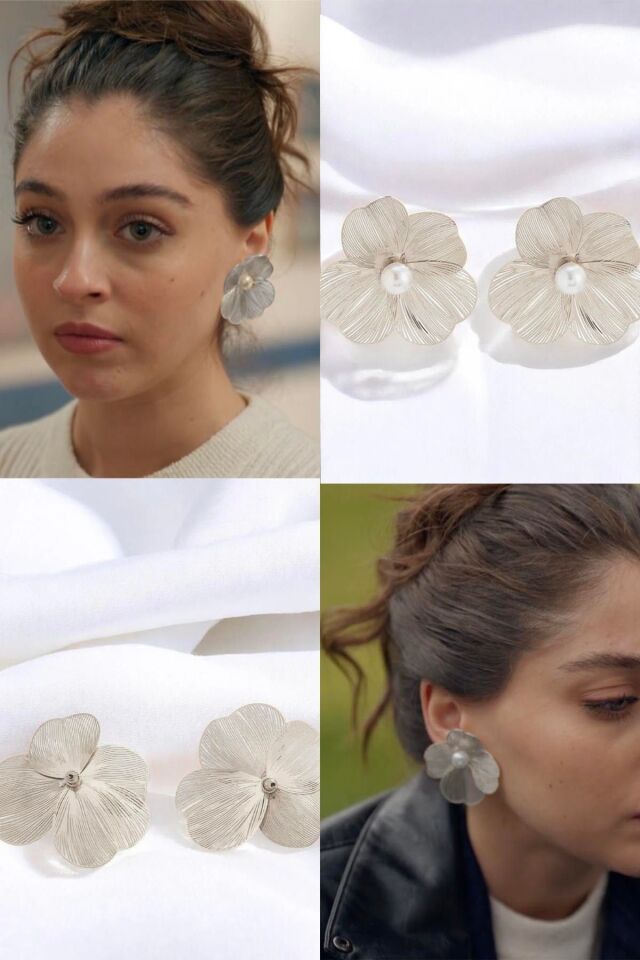 Gümüş Kaplama Leyla İncili Çiçek Çelik Küpe