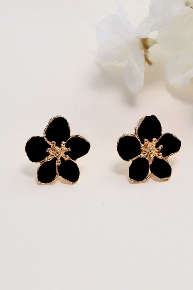 Altın Kaplama Siyah Sakura Çiçeği Küpe