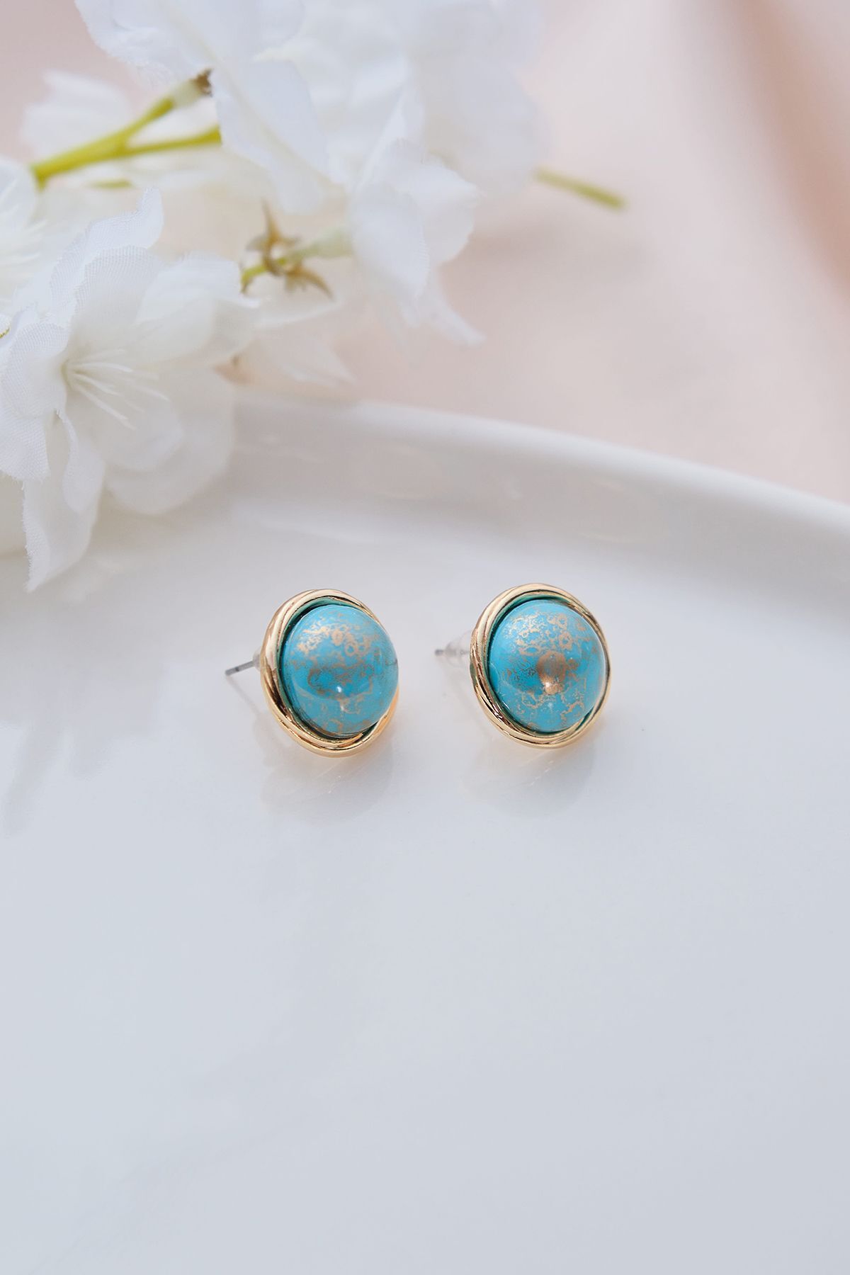 Vintage Mavi Taşlı Yuvarlak Küpe