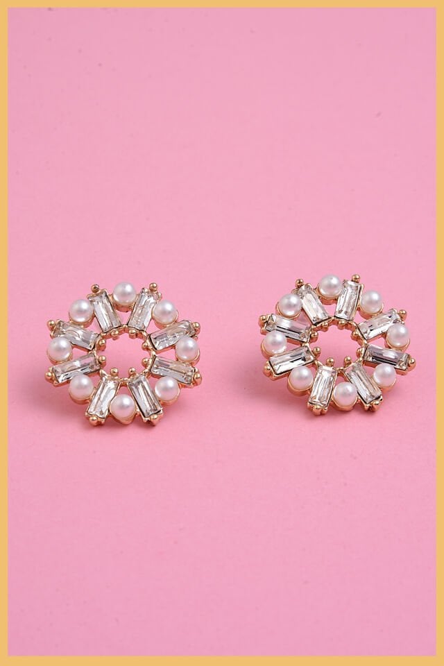 Gold Baget Taş Ve İncili Güneş Küpe