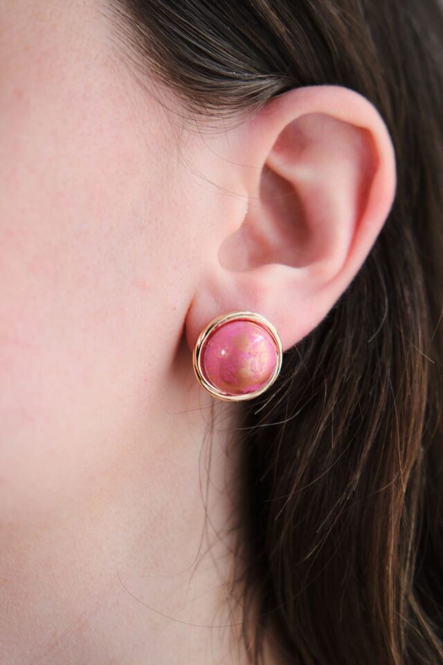 Vintage Pembe Taşlı Yuvarlak Küpe