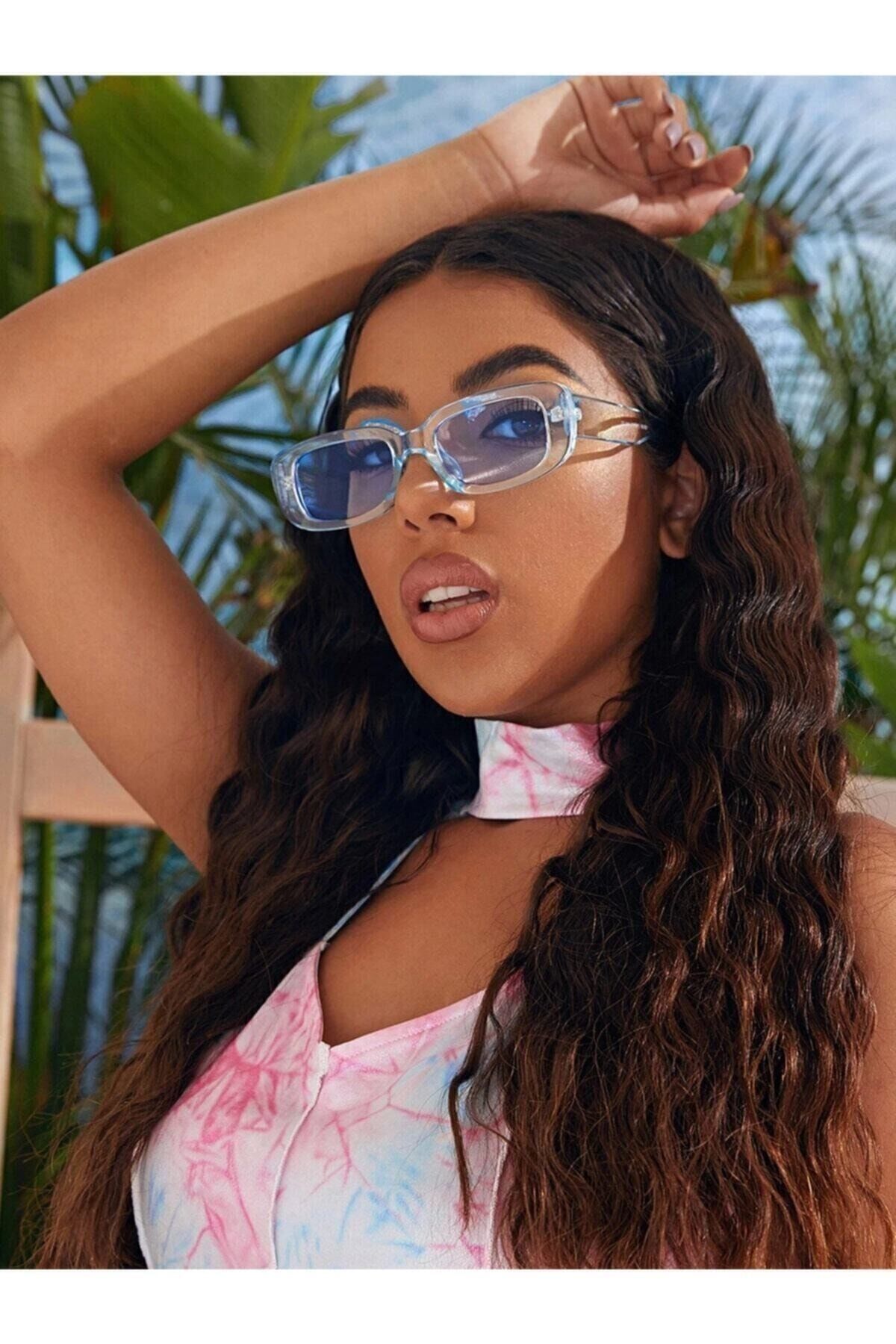 Chunky Frame Vintage Kahverengi Güneş Gözlüğü mavi - Tek Ebat