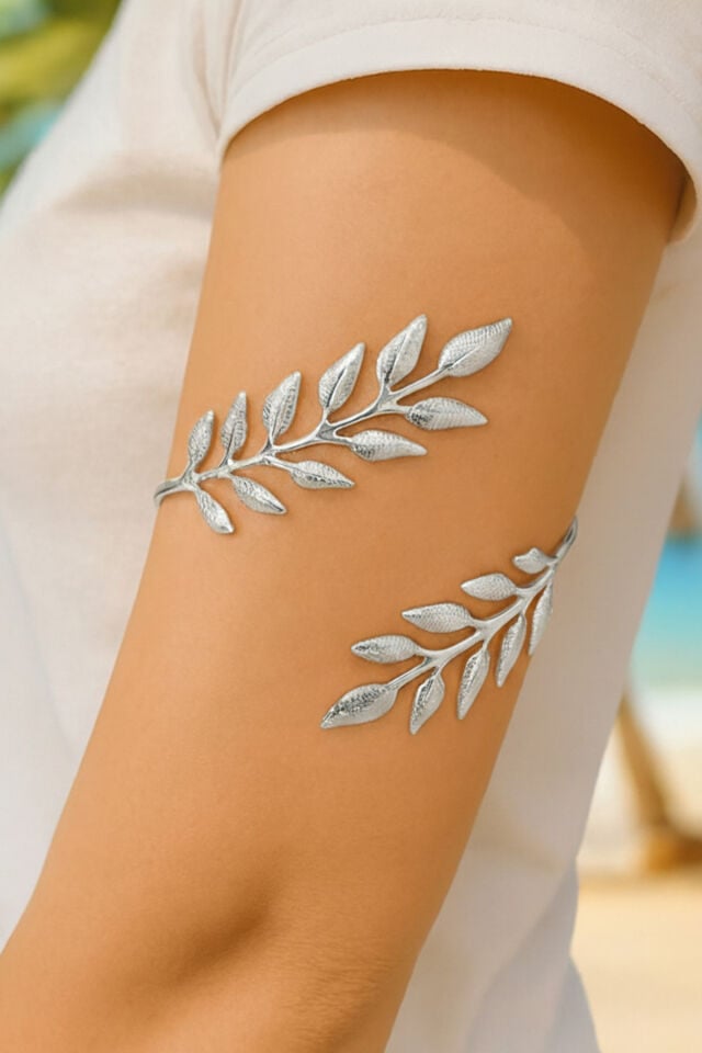 Silver İnce Yaprak Pazu Bandı Üst Kol Bilekliği Ayarlanabilir