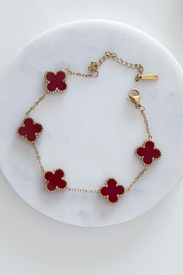 Gold Bordo Doğal Taşlı Premium Çelik Bileklik