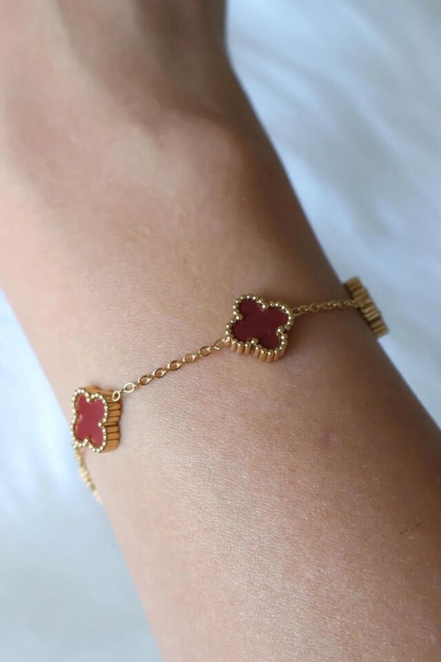 Gold Bordo Doğal Taşlı Premium Çelik Bileklik