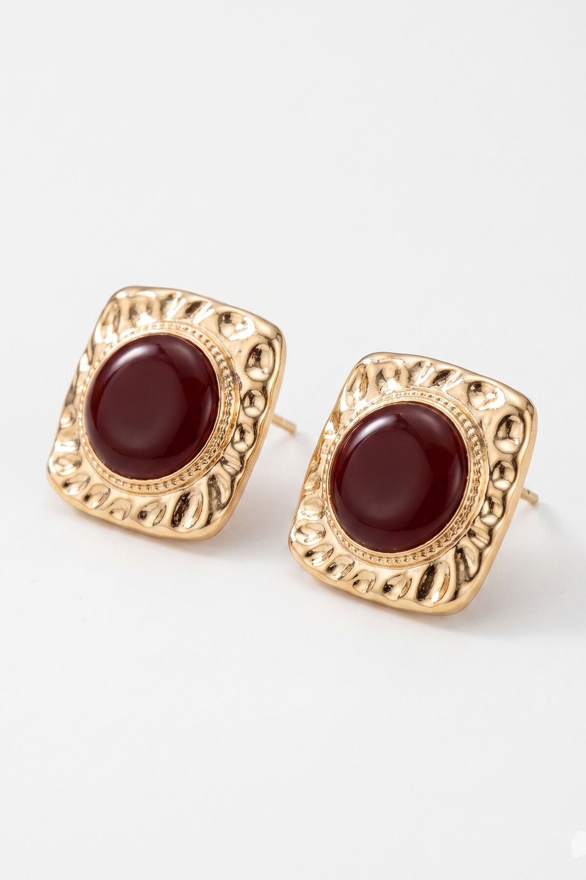 Gold Dörtgen Vintage Bordo Mineli Küpe