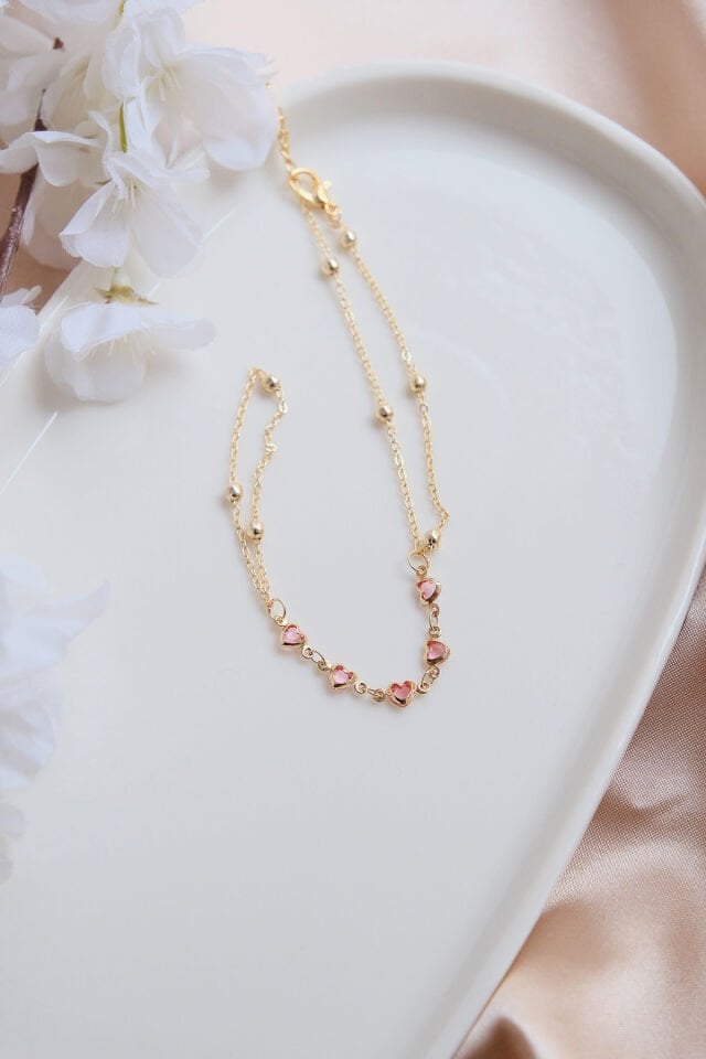 Gold Zirkon Pembe Kalp Sıralı Taşlı Şahmeran