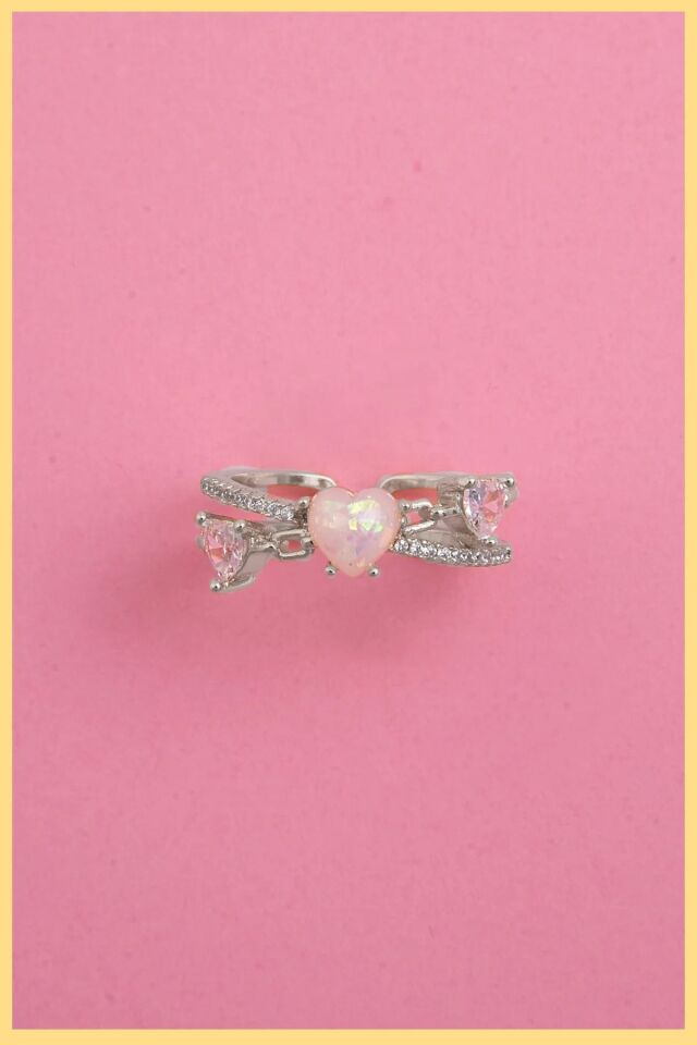 Gümüş Kaplama Zirkon Kalp&sedef Kalp Taşlı Ayarlanabilir Çelik Yüzük (exclusive)