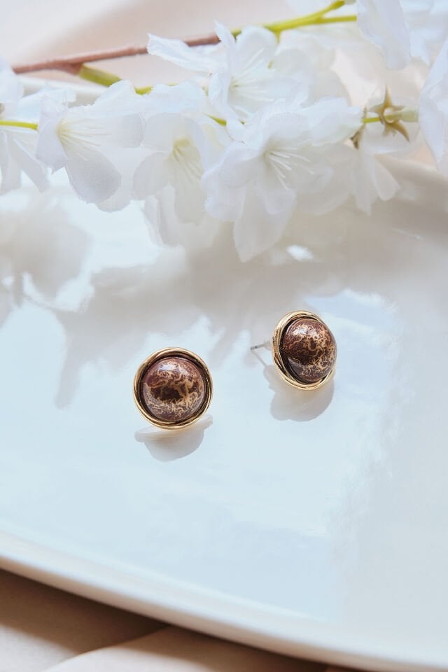 Vintage Kahverengi Taşlı Yuvarlak Küpe