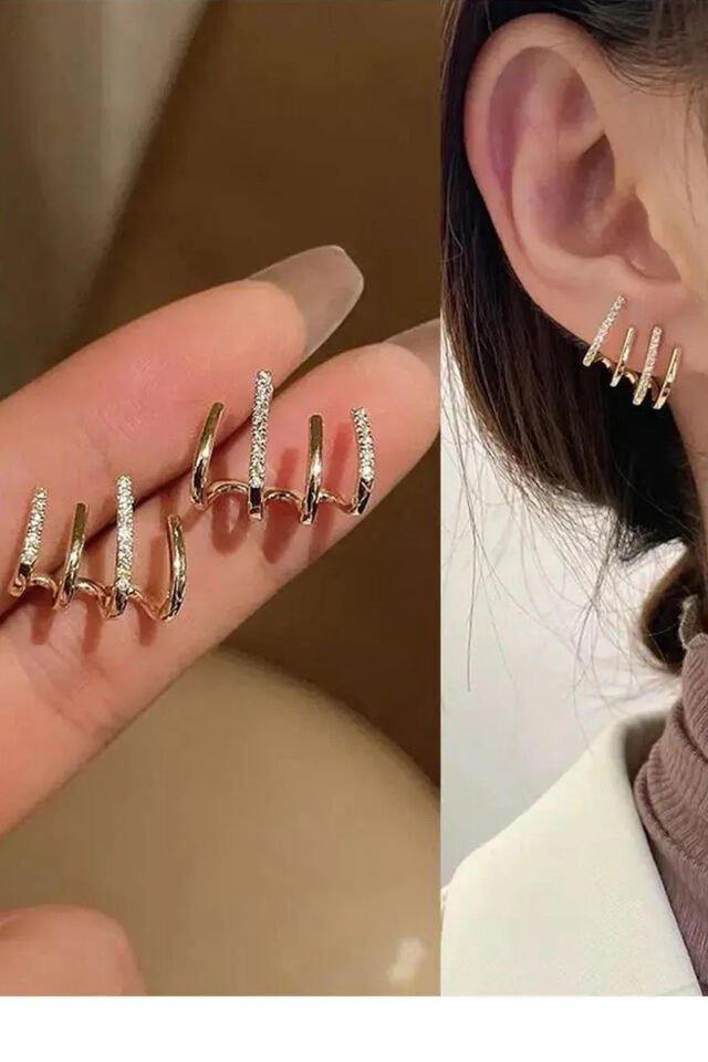 Gold Çoklu Premium Zirkon Taşlı Küpe