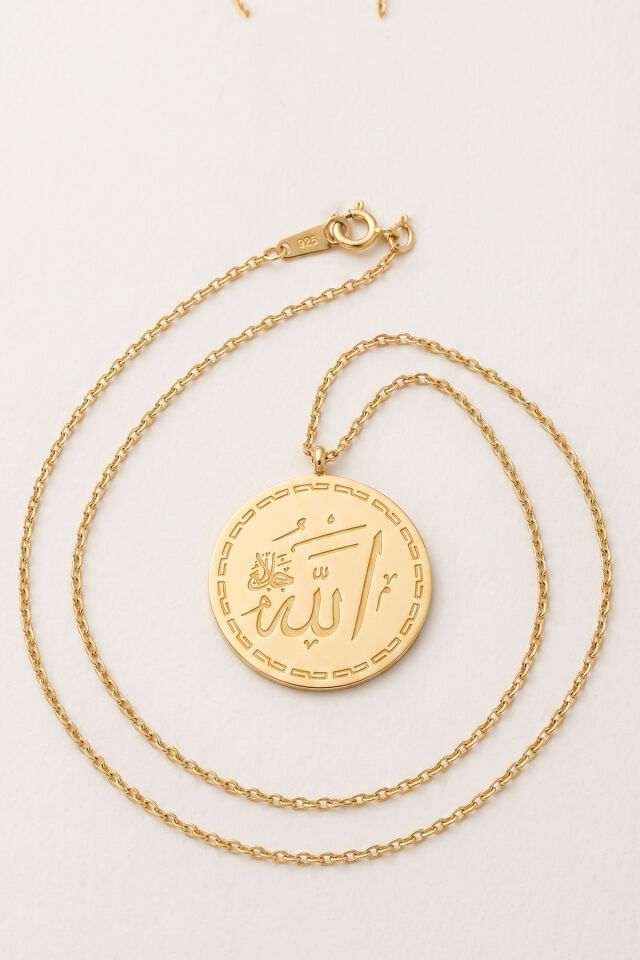Gold Ayetel Kürsi ve Allah Çift taraflı Madalyon Çelik Kolye