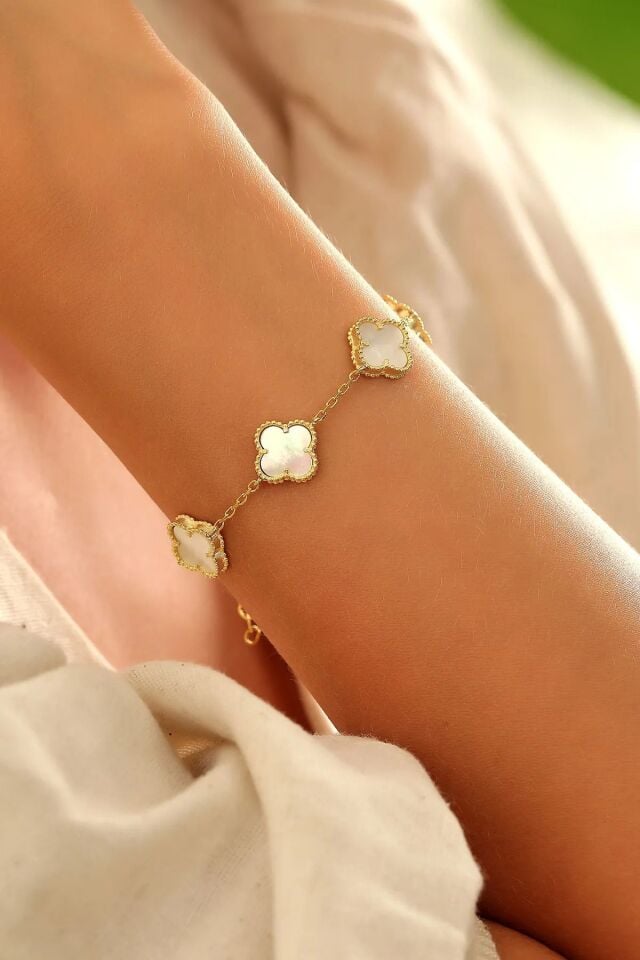 Gold Sedef Doğal Taşlı Premium Çelik Bileklik