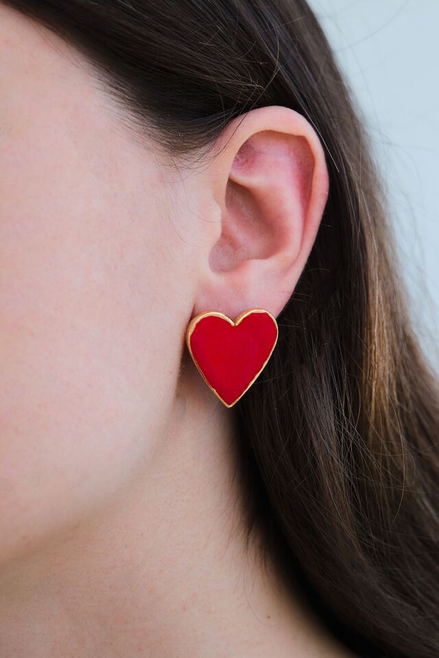 Altın Kaplama Kırmızı Mineli Kalp Küpe